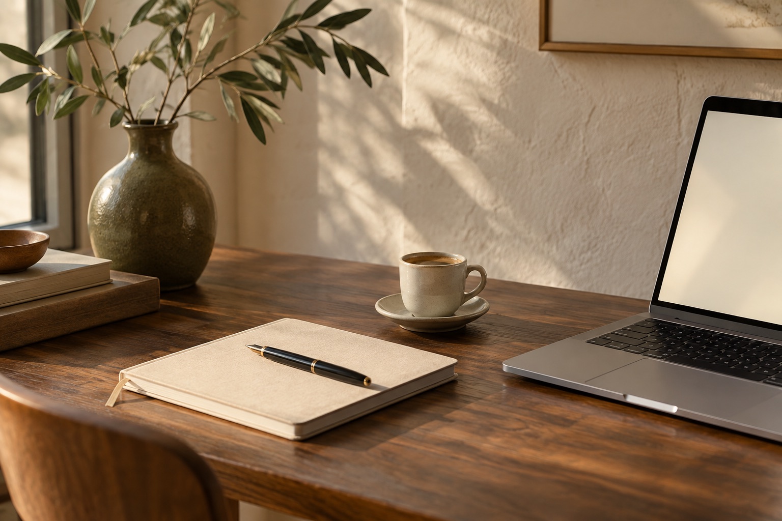 A quiet workspace with a linen notebook, coffee, and soft afternoon light